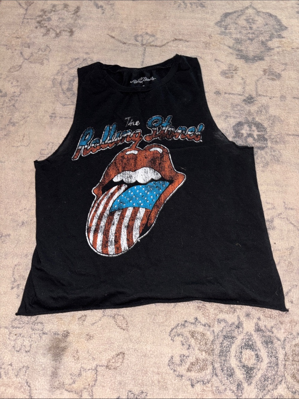 the Rolling Stones Black Tank with Patriotic Tongue Graphic